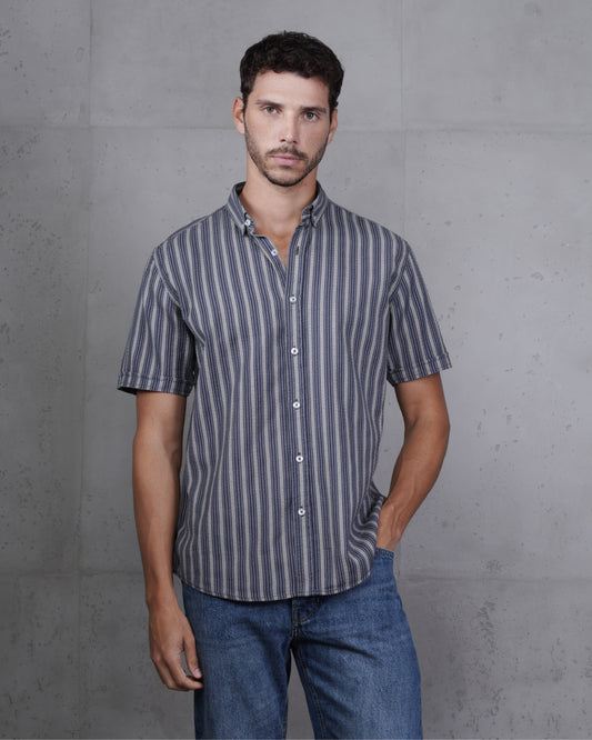 Navy Blue Striped Short Sleeve Cotton Shirt
