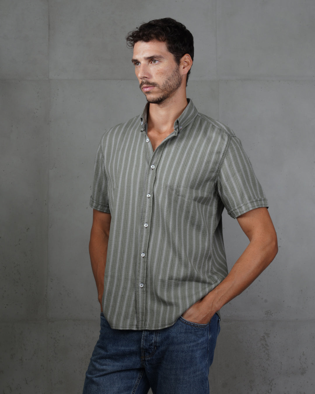 Mint Green Striped Short Sleeve Cotton Shirt