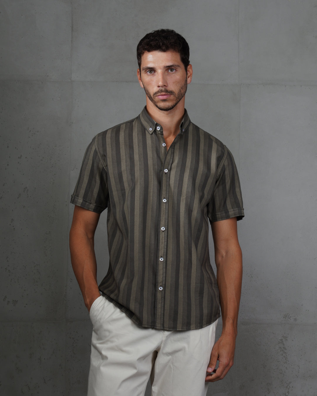Grey Casual Striped Short Sleeve Cotton Shirt