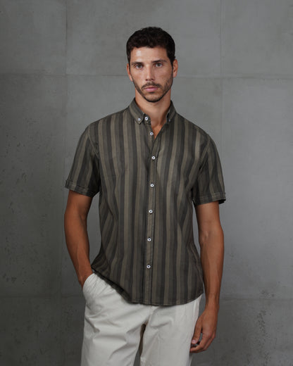 Grey Casual Striped Short Sleeve Cotton Shirt