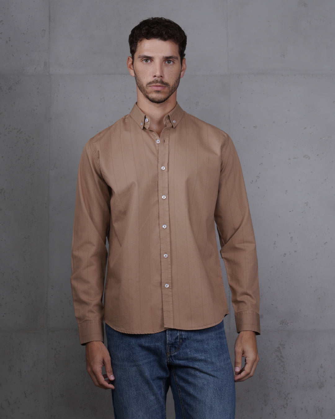 Dark Beige Cotton Subtle Vertical Striped Shirt