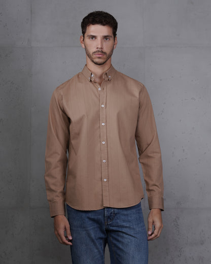 Dark Beige Cotton Subtle Vertical Striped Shirt