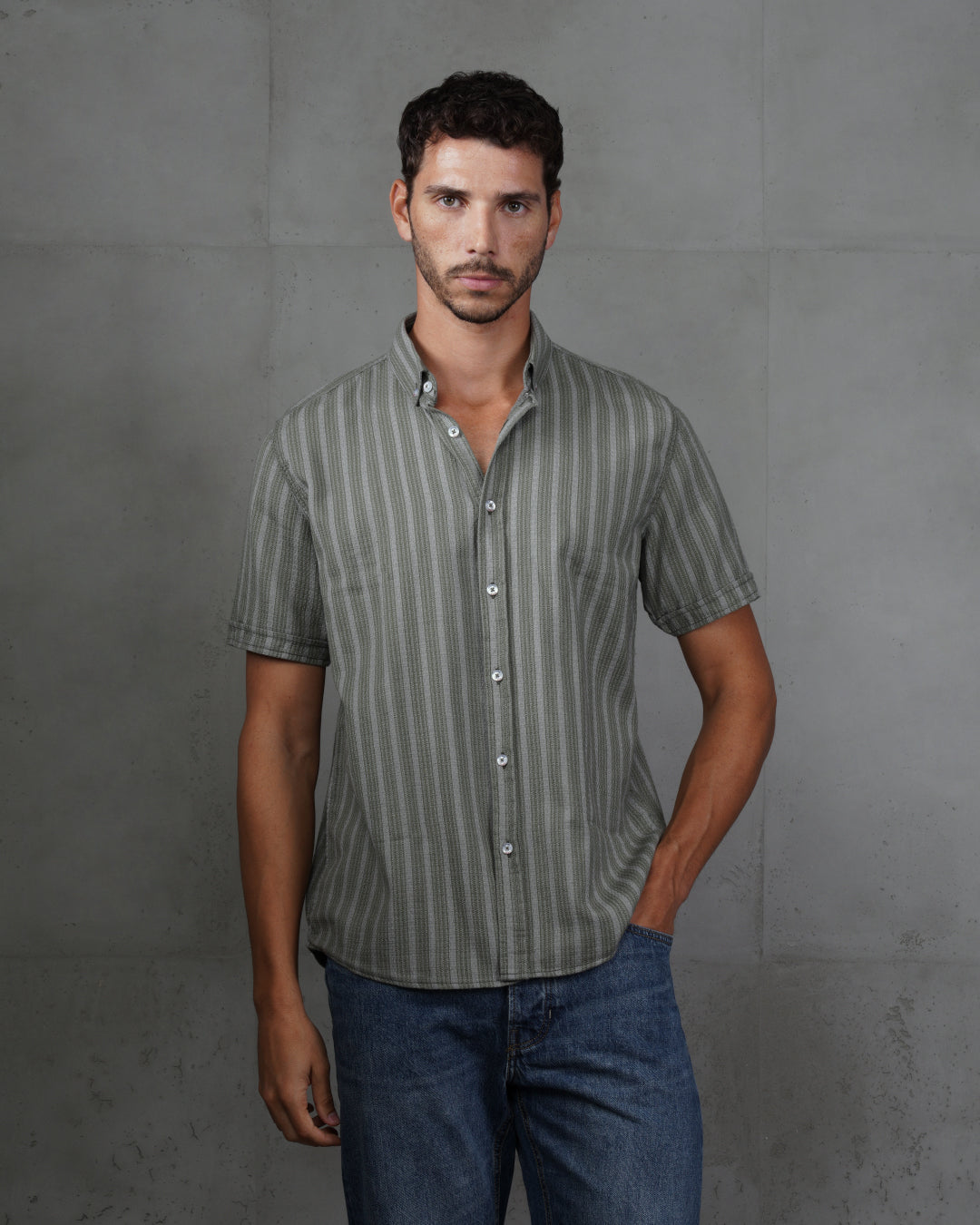 Mint Green Striped Short Sleeve Cotton Shirt