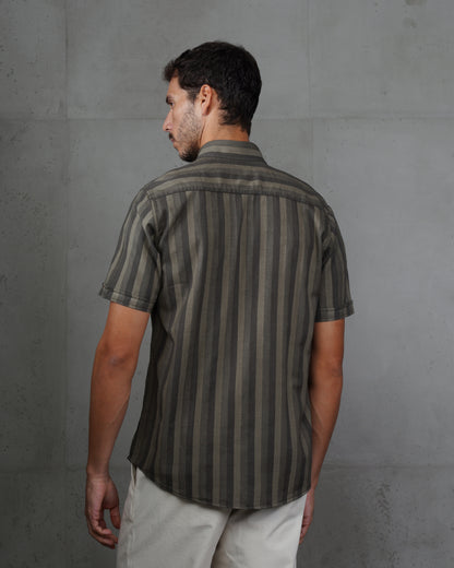 Grey Casual Striped Short Sleeve Cotton Shirt