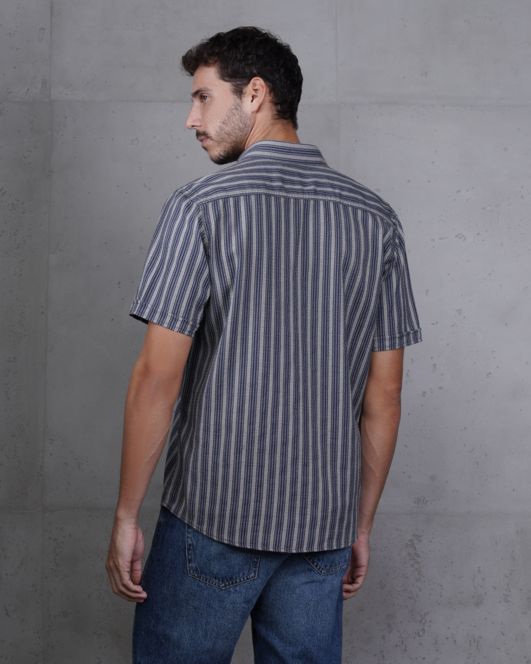 Navy Blue Striped Short Sleeve Cotton Shirt