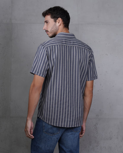 Navy Blue Striped Short Sleeve Cotton Shirt