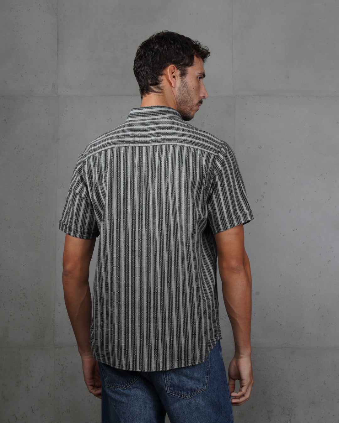 Black Striped Short Sleeve Cotton Shirt