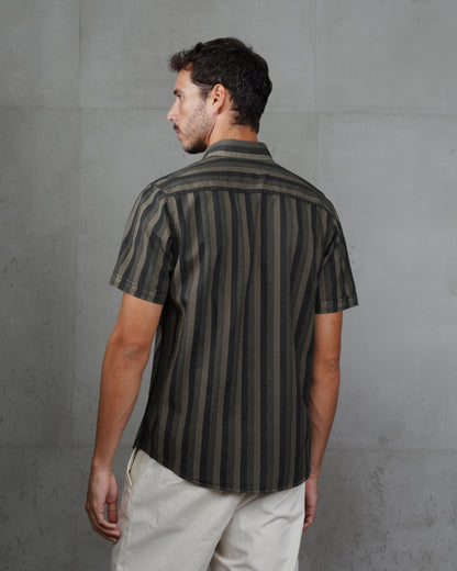 Black Casual Striped Short Sleeve Cotton  Shirt