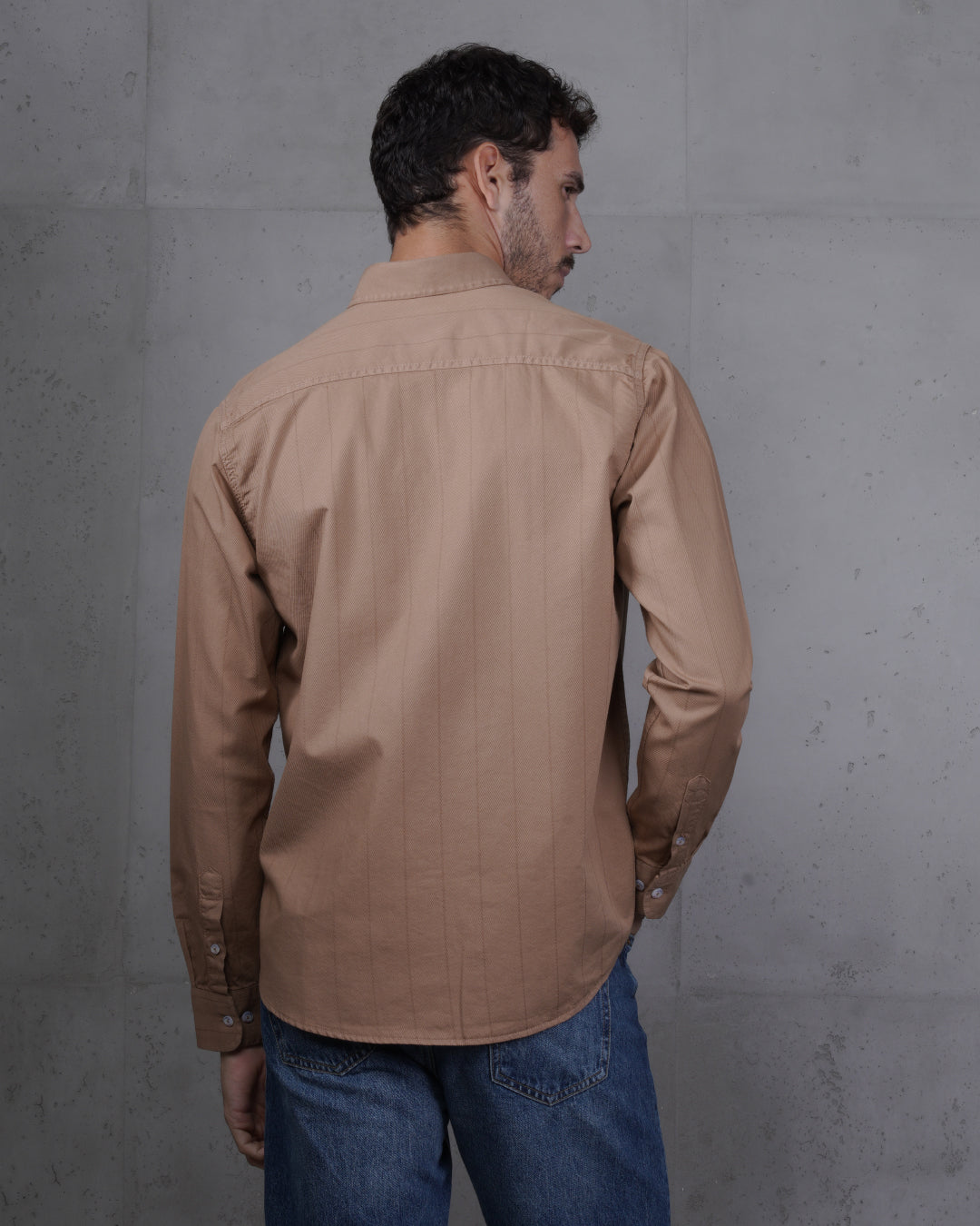 Dark Beige Cotton Subtle Vertical Striped Shirt