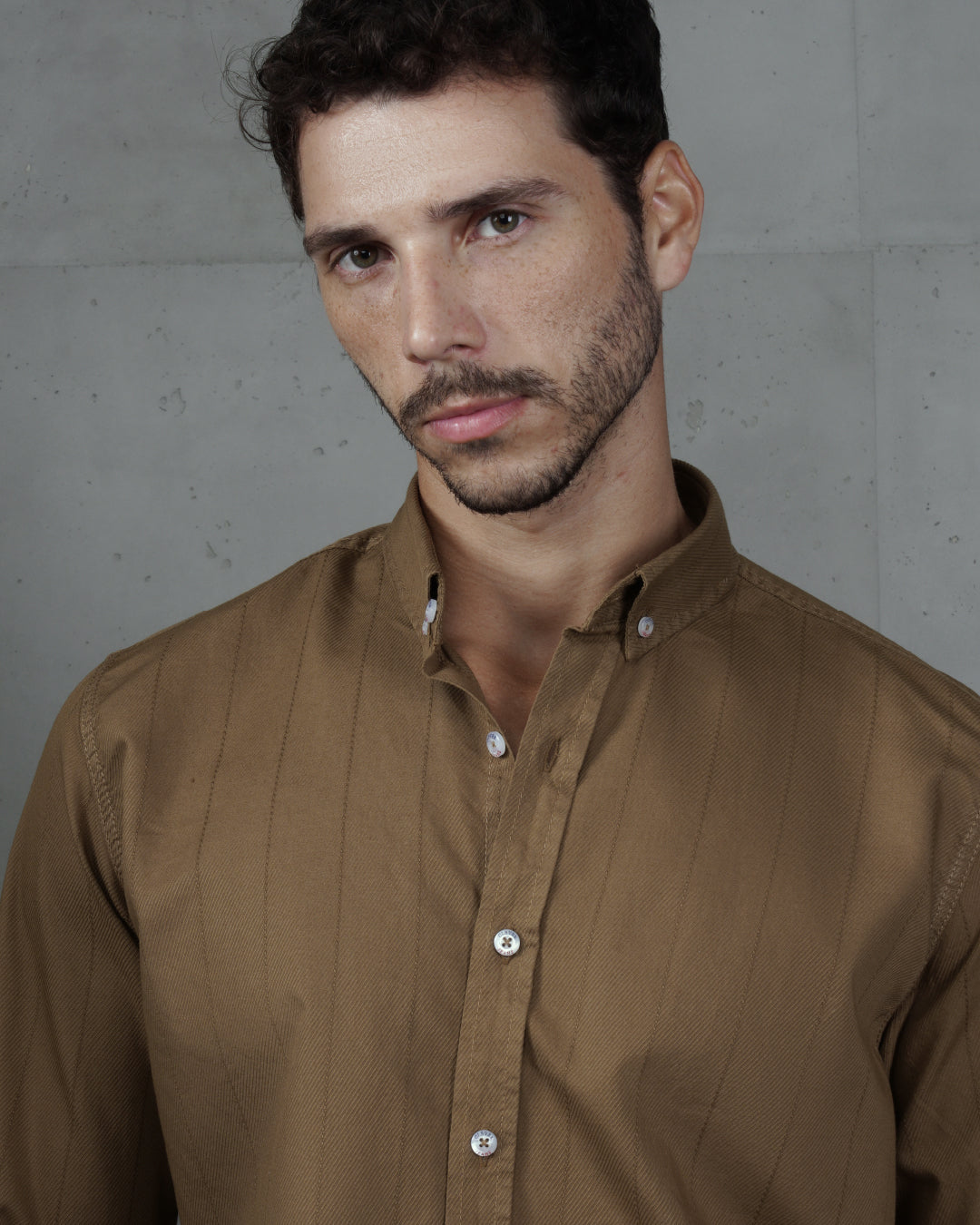 Camel Cotton Subtle Vertical Striped Shirt