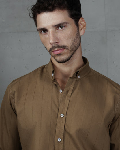 Camel Cotton Subtle Vertical Striped Shirt