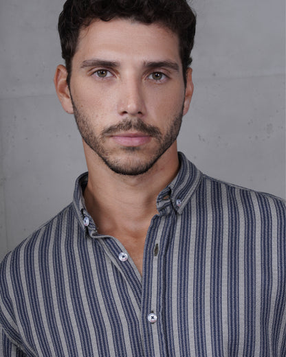 Navy Blue Striped Short Sleeve Cotton Shirt