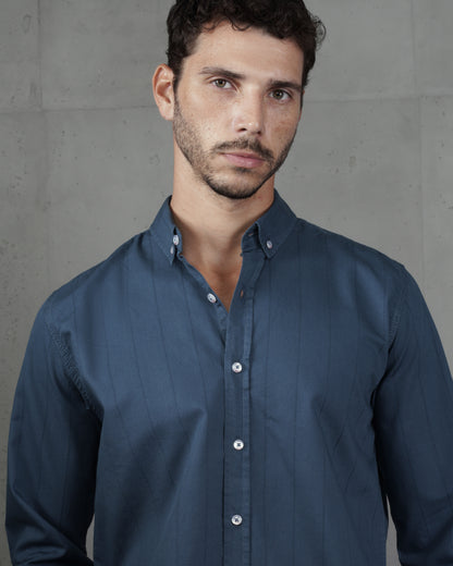 Indigo Cotton Subtle Vertical Striped Shirt
