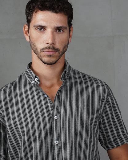 Black Striped Short Sleeve Cotton Shirt