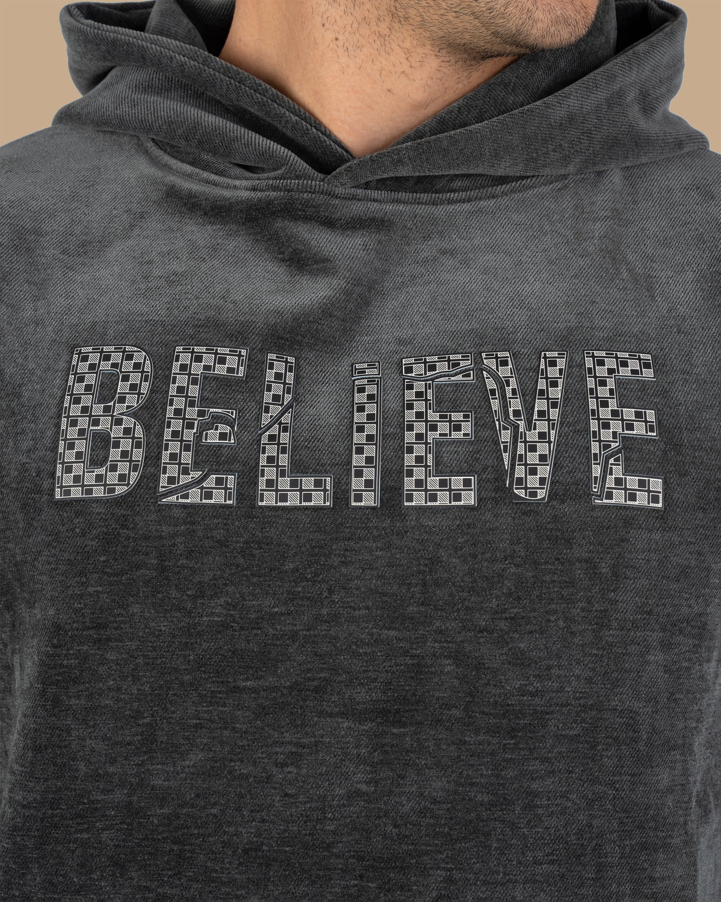 Dark-Grey Printed Velvet Hoodie