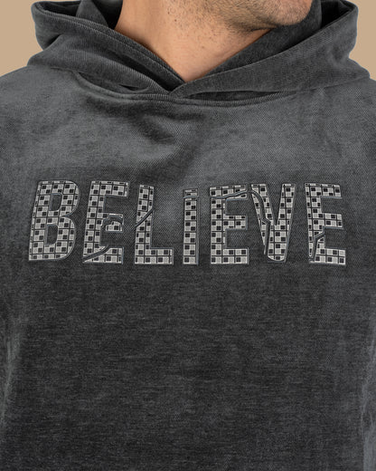 Dark-Grey Printed Velvet Hoodie