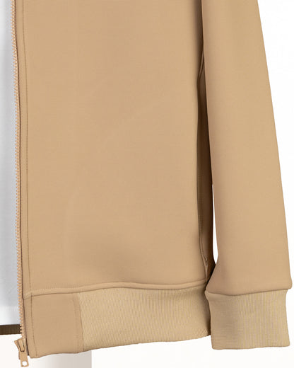 Beige Round-Neck Full-Zipper Plain Cotton Hoodie