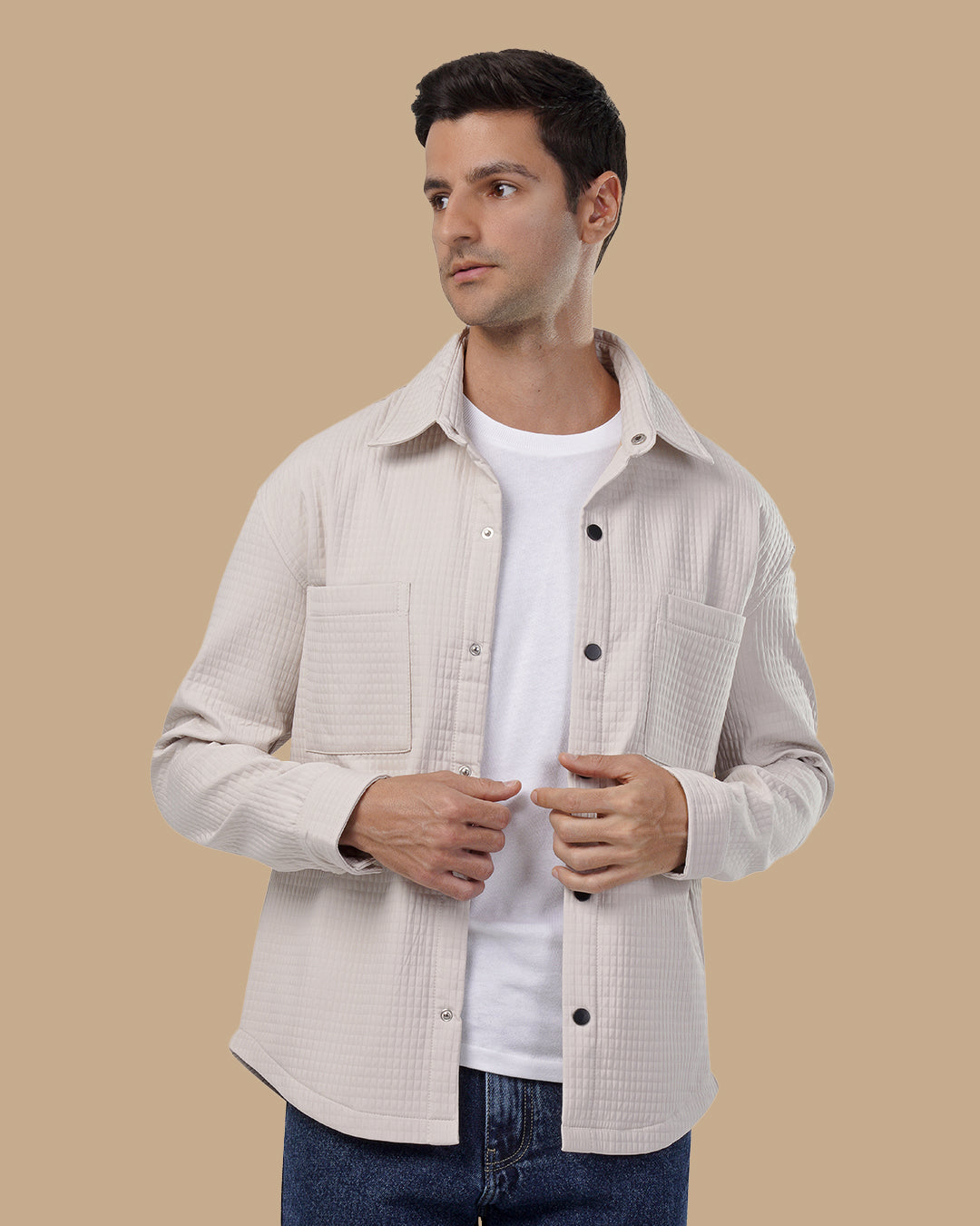 Classic Grid-Textured Quilted Jacket - Beige