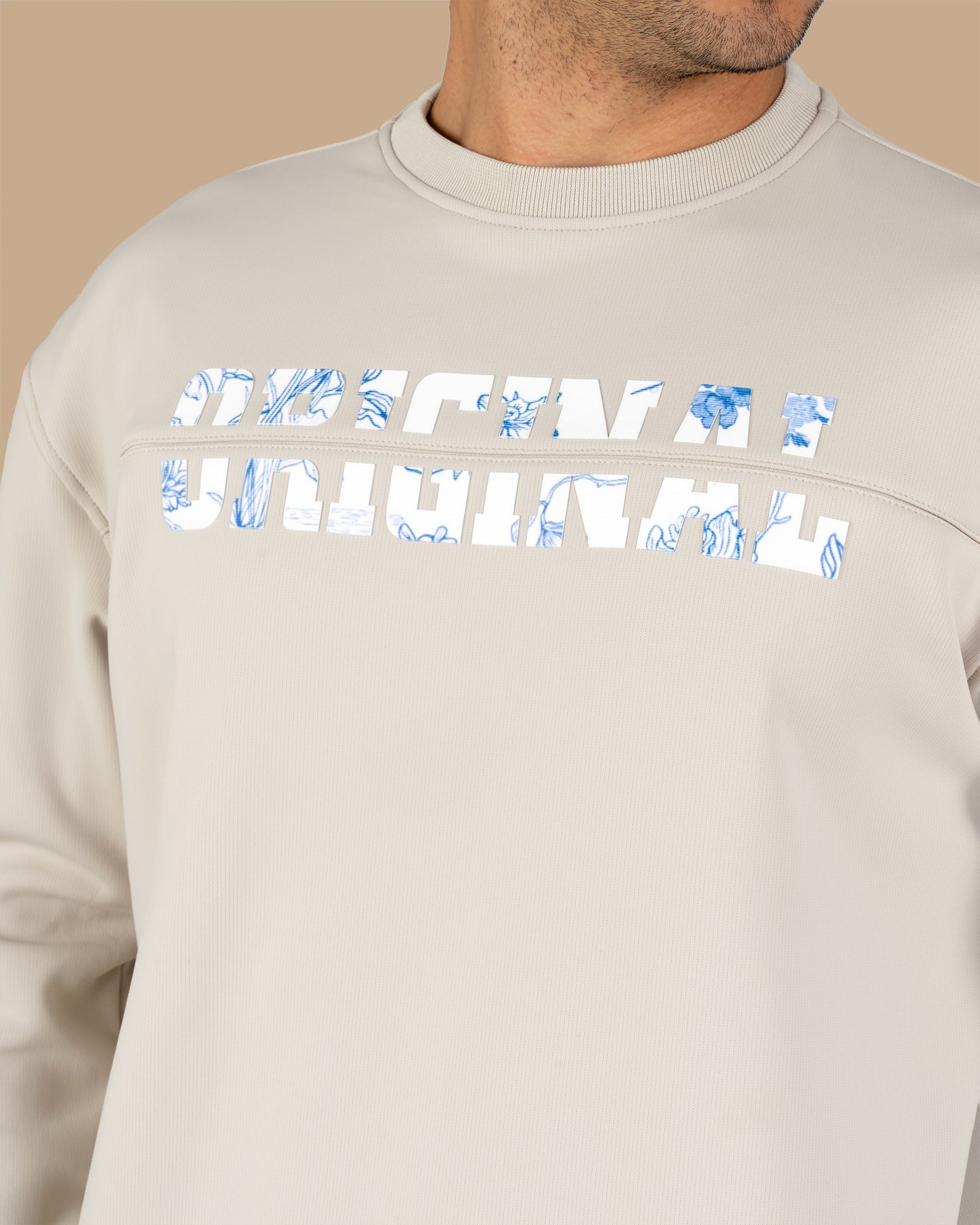 Beige Round-Neck Printed Cotton Hoodie