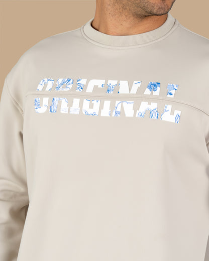 Beige Round-Neck Printed Cotton Hoodie