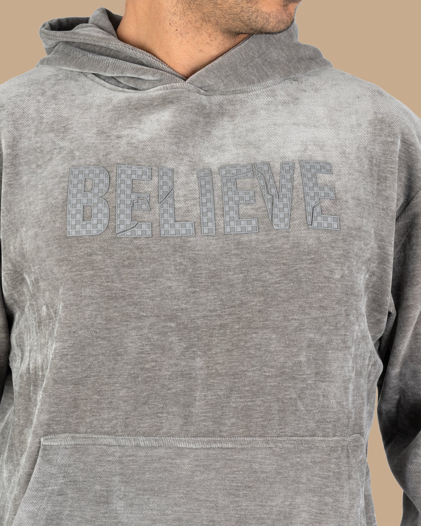 Grey Printed Velvet Hoodie
