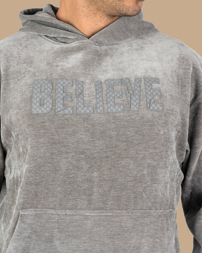 Grey Printed Velvet Hoodie
