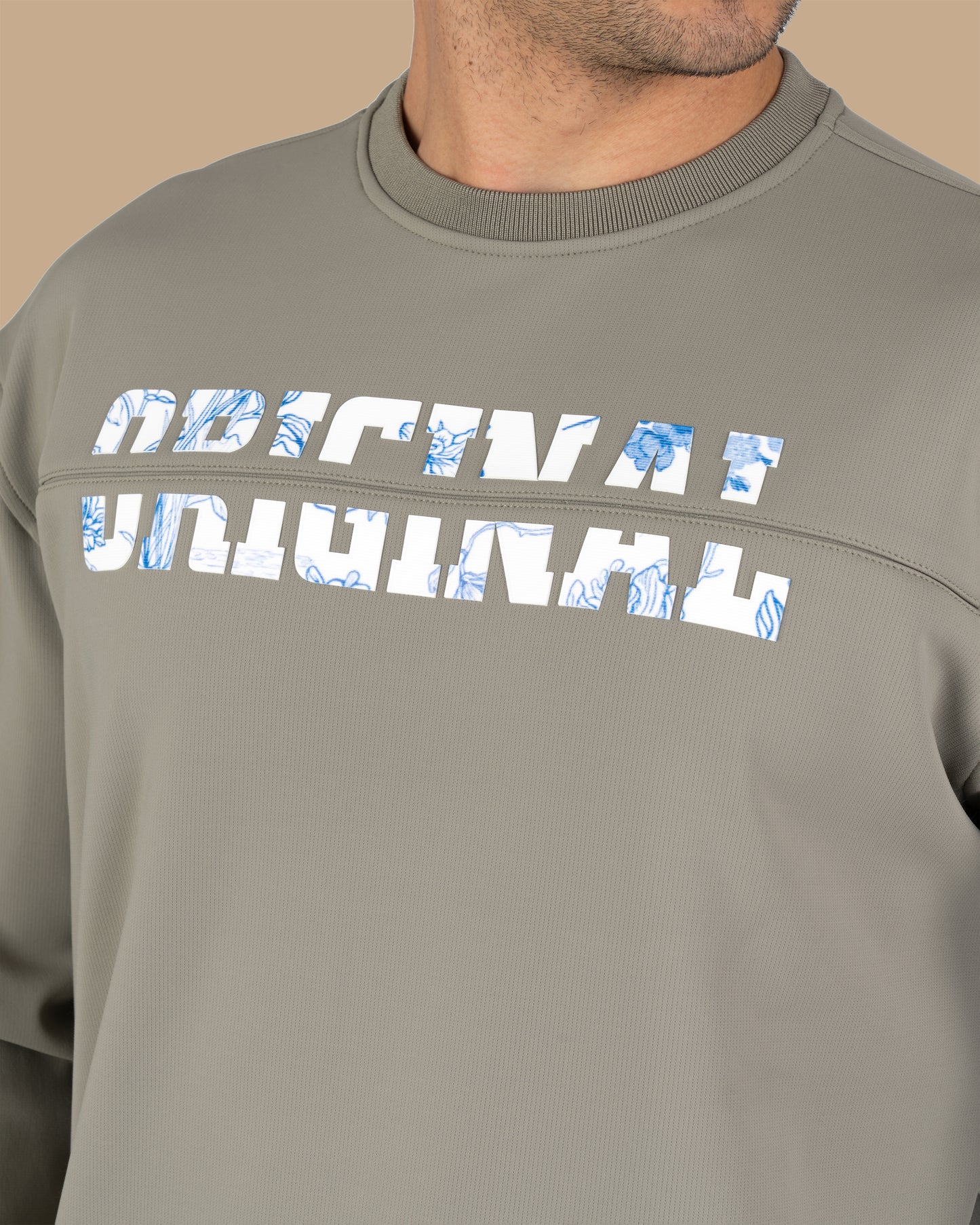 Khaki Round-Neck Printed Cotton Hoodie