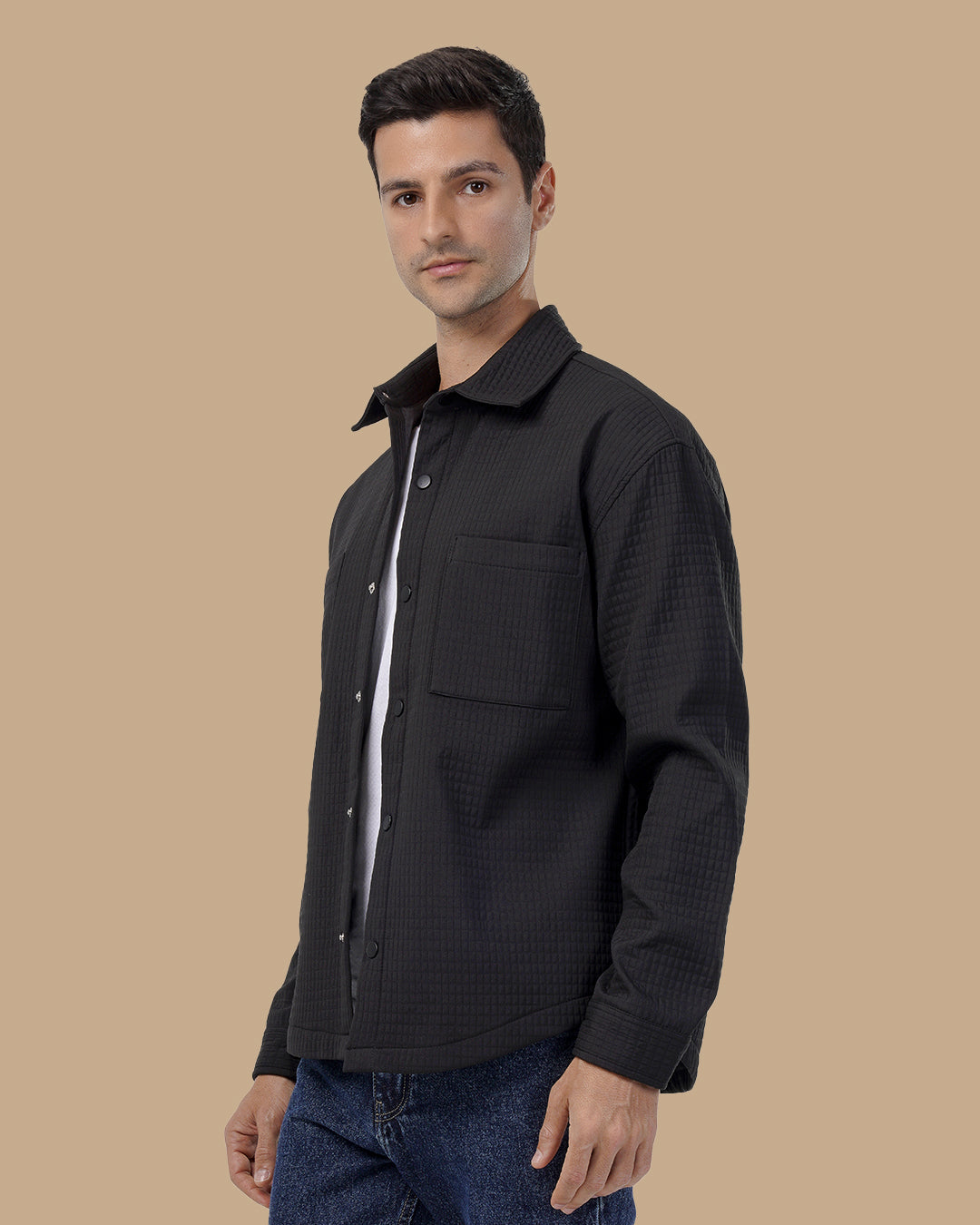 Classic Grid-Textured Quilted Jacket - Black