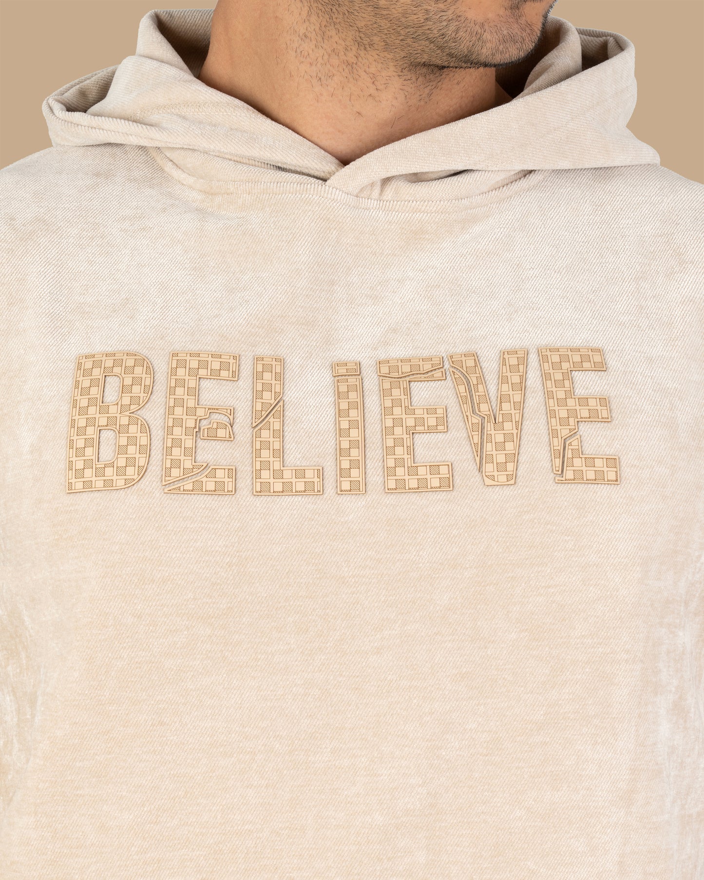 Light-Beige Printed Velvet Hoodie