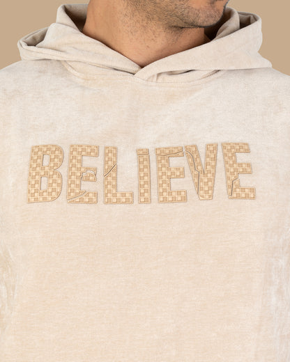 Light-Beige Printed Velvet Hoodie