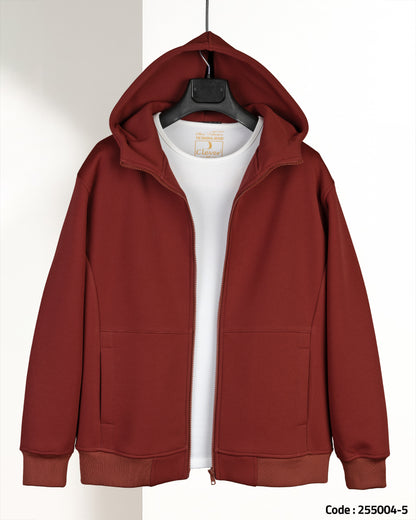 Burgundy Full-Zipper Plain Cotton Hoodie