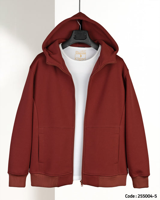 Burgundy Full-Zipper Plain Cotton Hoodie