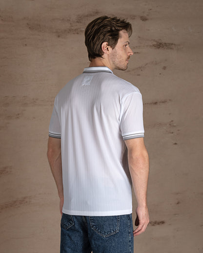 White Cotton Striped Polo Shirt With Button