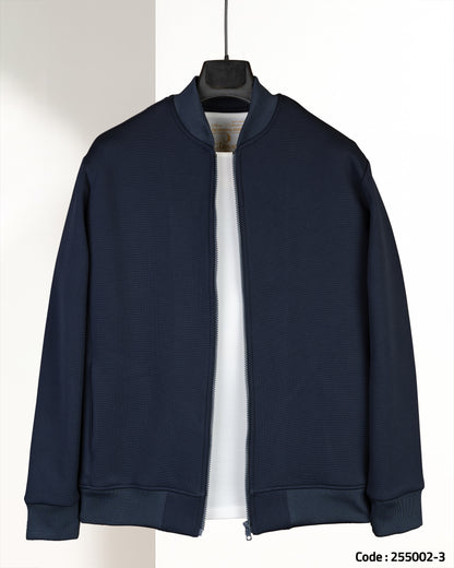 Navy Round-Neck Full-Zipper Plain Cotton Hoodie