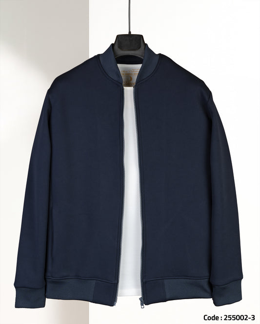 Navy Round-Neck Full-Zipper Plain Cotton Hoodie