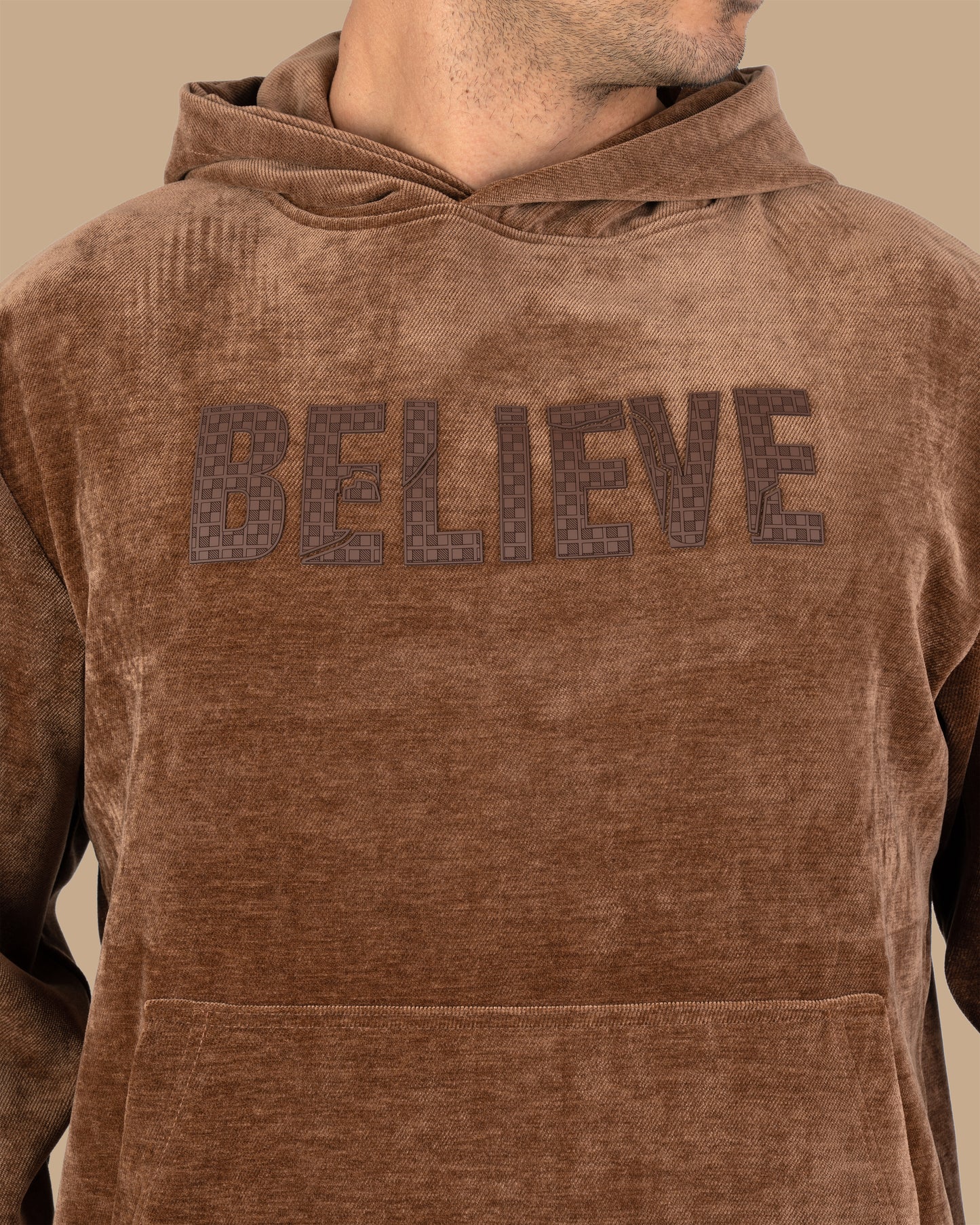 Camel Printed Velvet Hoodie