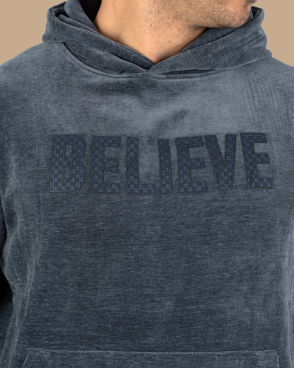 Navy Printed Velvet Hoodie