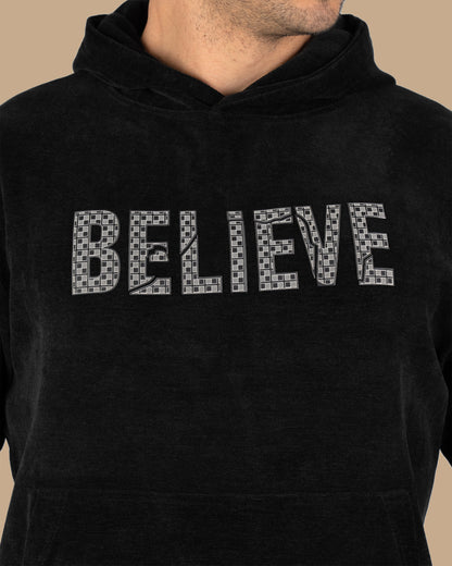 Black Printed Velvet Hoodie
