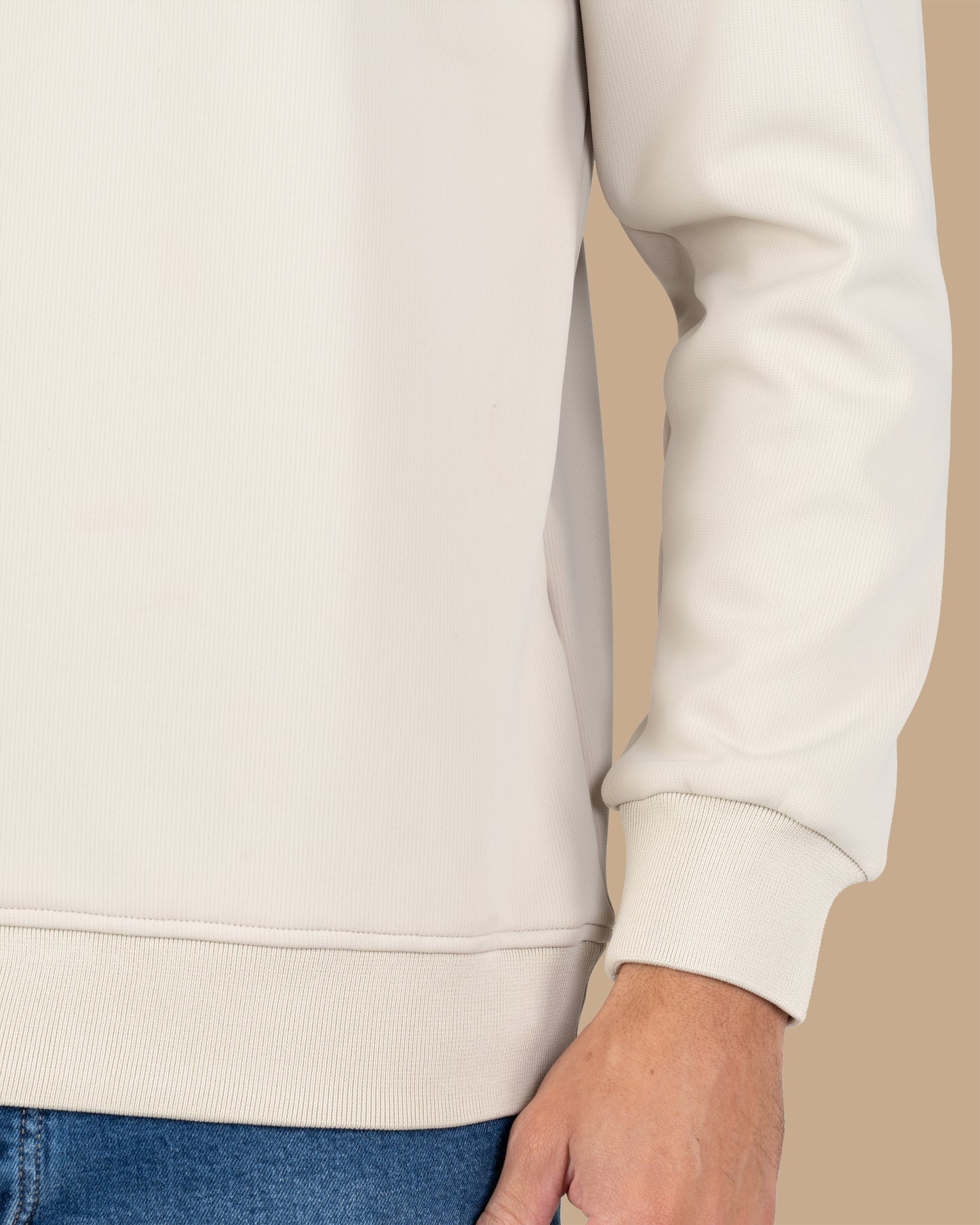 Beige Round-Neck Printed Cotton Hoodie