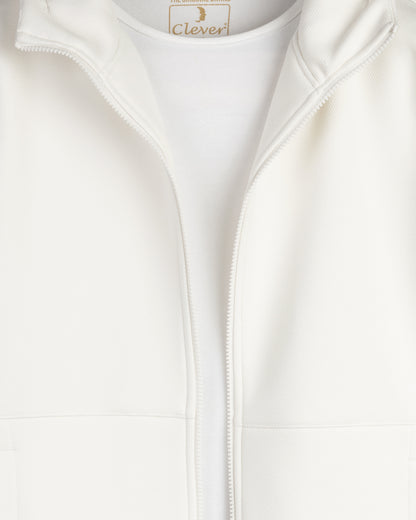 White Full-Zipper Plain Cotton Hoodie