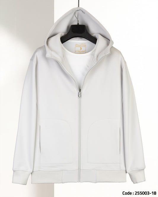 Silver Modern Full-Zipper Plain Cotton Hoodie