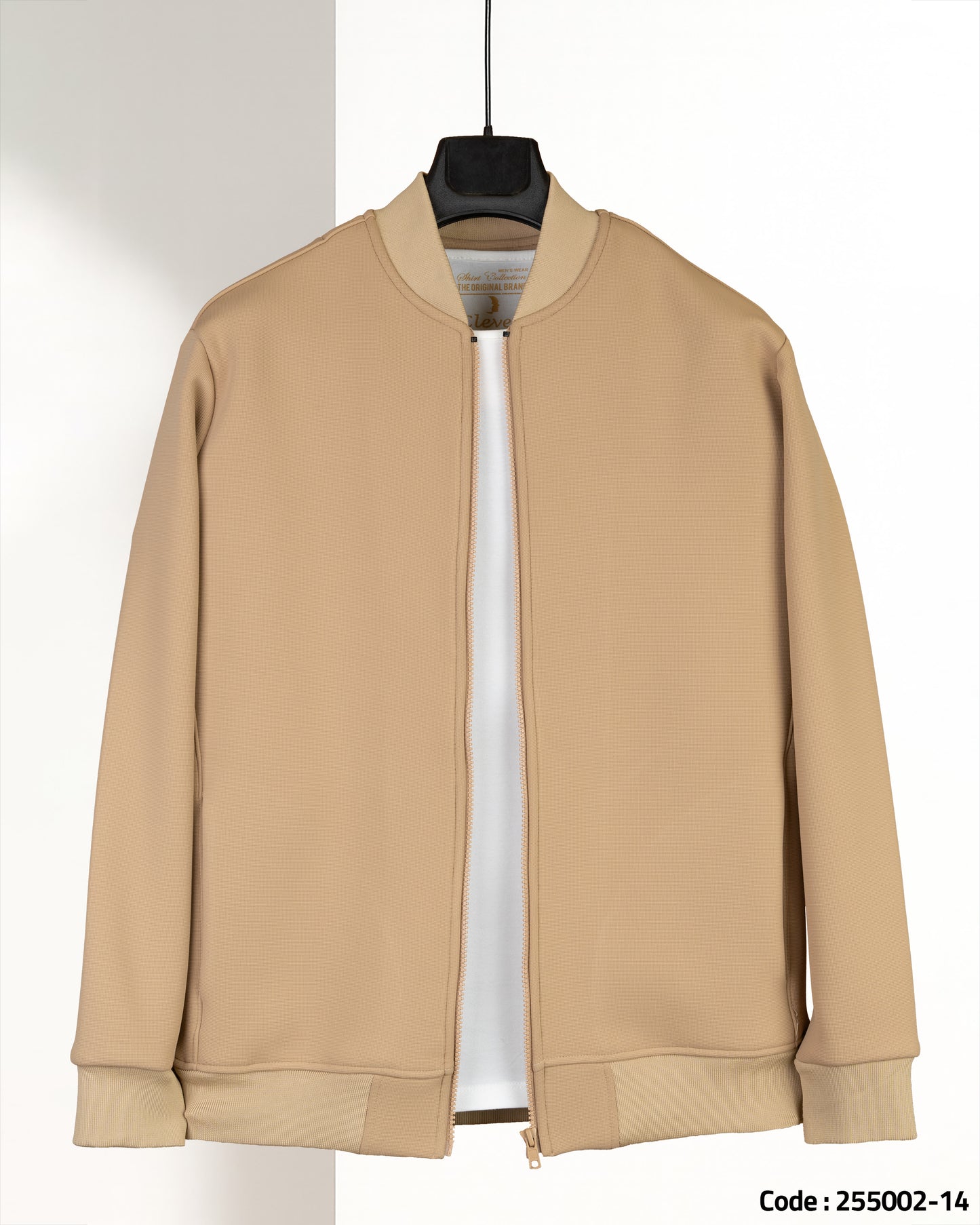 Beige Round-Neck Full-Zipper Plain Cotton Hoodie