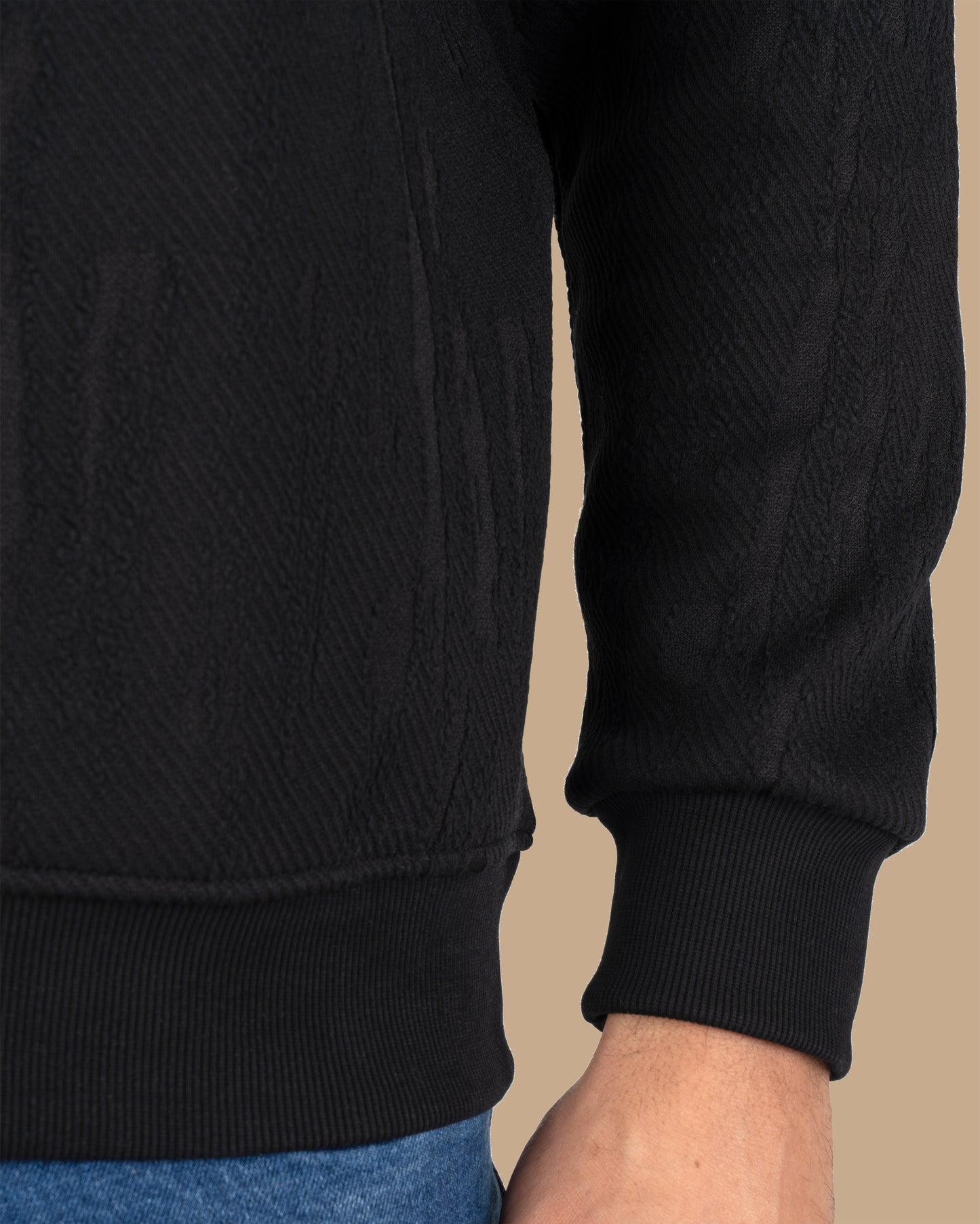 Black Round-Neck Printed Cotton Hoodie