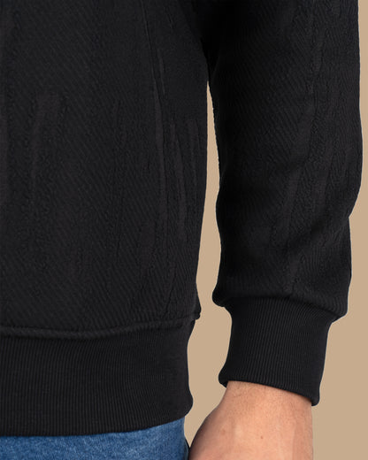 Black Round-Neck Printed Cotton Hoodie