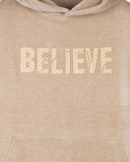 Beige Printed Velvet Hoodie