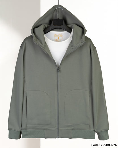 Olive Modern Full-Zipper Plain Cotton Hoodie