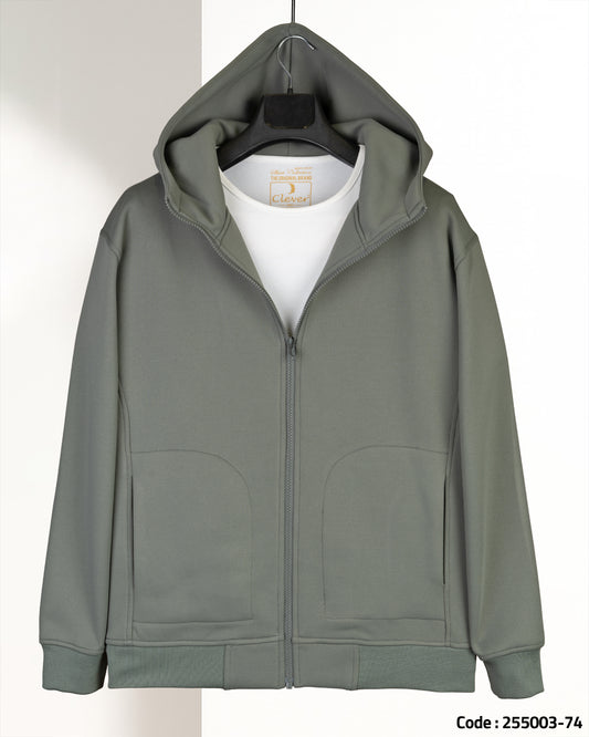 Olive Modern Full-Zipper Plain Cotton Hoodie