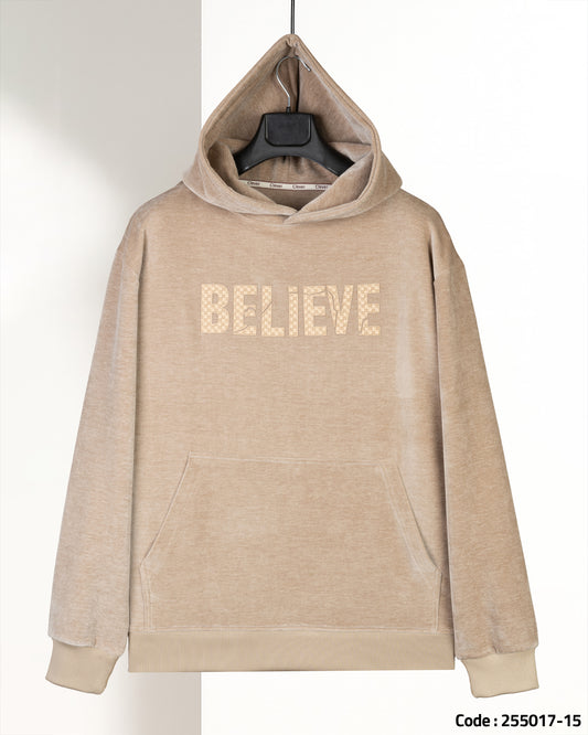 Beige Printed Velvet Hoodie