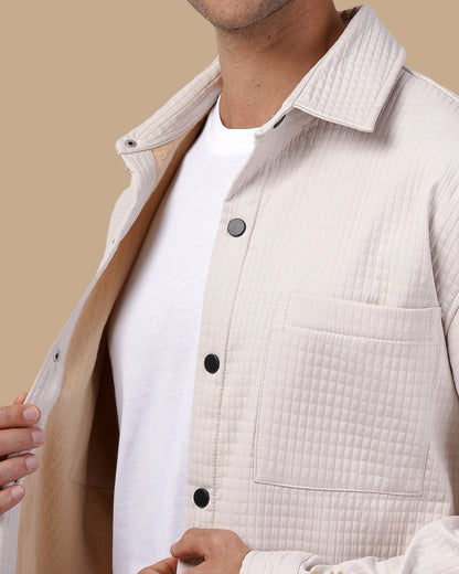 Classic Grid-Textured Quilted Jacket - Beige