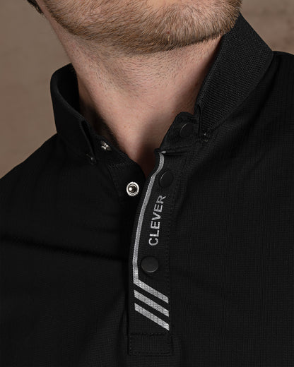 Black Cotton Knitted Polo Shirt With Button